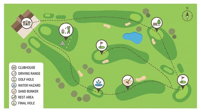 A detailed map of a golf course layout, showing the clubhouse, driving range, and various holes with hazards and rest areas.