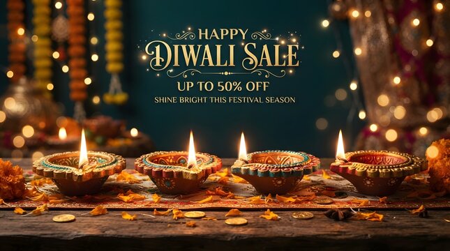 Happy diwali sale banner with traditional clay diyas, marigold flowers, and golden coins on a wooden table with festive bokeh lights