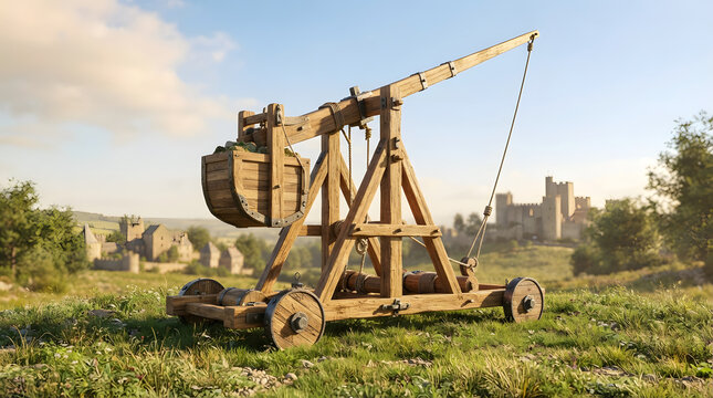 Medieval wooden trebuchet siege engine stands on grassy hill with historic stone castle in sunlit countryside scenic background.