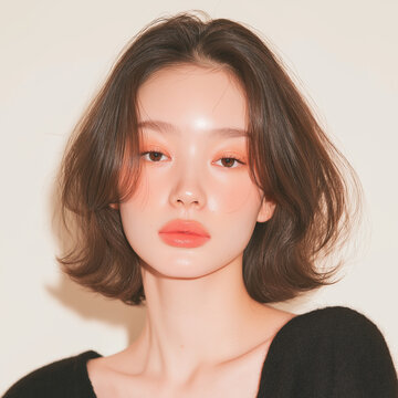 美容, 女性, 若い女性, スキンケア, 化粧品, ビューティー, 美肌, ポートレート, クローズアップ, メイク, ナチュラルメイク, ツヤ肌, 透明感, 清潔感, モデル, 美容広告, コスメ広告, 美容液, 保湿, フェイスケア, 肌ケア, ベースメイク, ファンデーション, リップメイク, アイメイク, ヘアケア, ヘアスタイル, ボブヘア, ミディアムヘア, ブラウンヘア, 黒い服, 