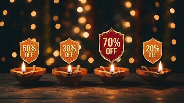Diwali festival sale banner with four traditional clay oil lamps and discount percentage shields against a bokeh light background