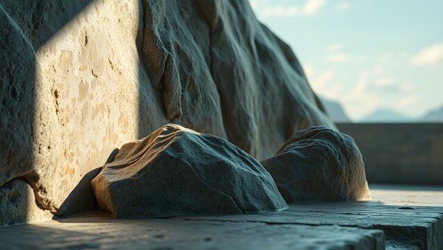 Ancient stone sculpture fragment resting against a textured rock wall in natural sunlight.
