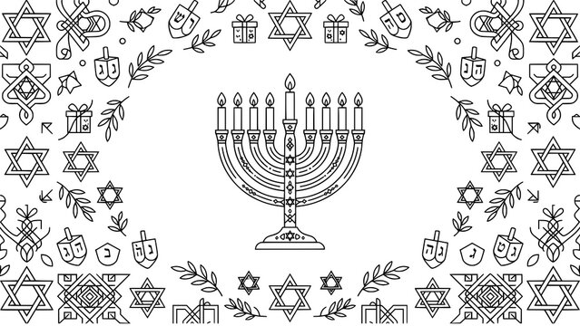 Black and white hanukkah coloring page with menorah and holiday symbols