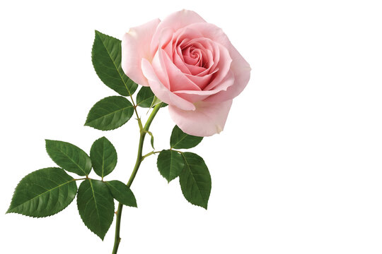 Pink rose flower with green leaves on a stem close up