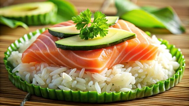 Fresh Salmon Slices on Rice with Cucumber and Green Garnish
