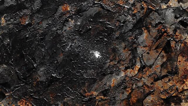 Rusty textured metal surface with black abstract paint and corroded orange details close up