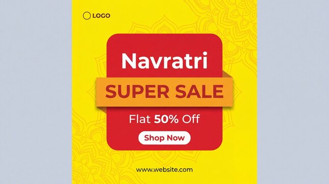 Editable Navratri Festival Sale Social Media Post Template with 50 Percent Offer on Red and Yellow Background.