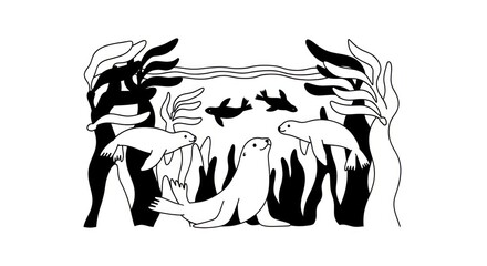 Obraz premium Black and white illustration of marine life.