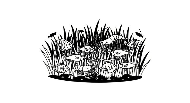black and white illustration of frogs in grass.