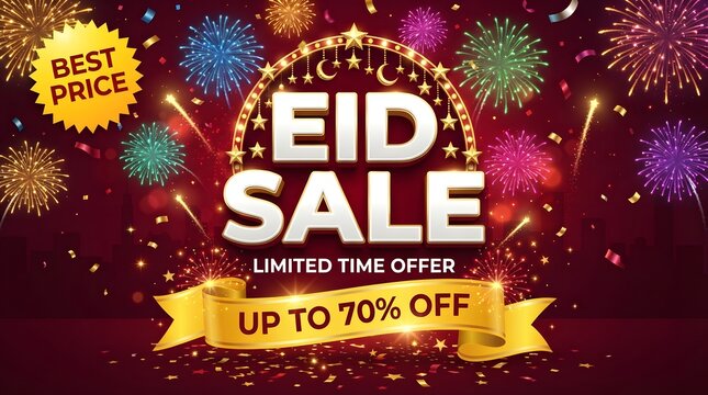 Festive eid sale banner with golden text, fireworks, and decorative lights on a dark red background