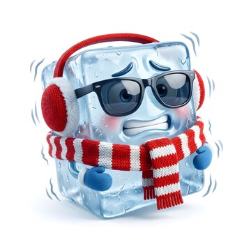Cartoon Ice Cube Wearing Scarf and Earmuffs in Winter Theme