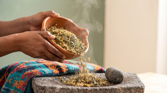 Hands pouring dried chamomile flowers onto a traditional stone metate for grinding
