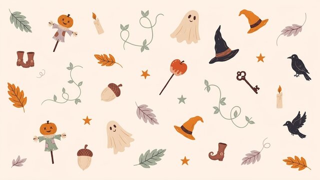 Haunted Harvest Halloween Seamless Pattern with Scarecrows, Ghosts, Ravens & Pumpkins