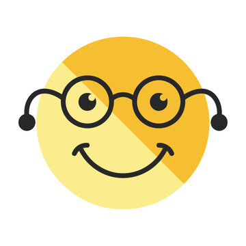 Cute yellow smiley face icon wearing round glasses and smiling, happy character design