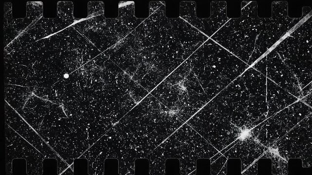 Abstract black and white snowfall effect with film strip border for vintage cinematic background