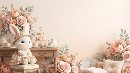 Fototapeta premium Pastel bunny sitting on floral decorated tea table with teacups