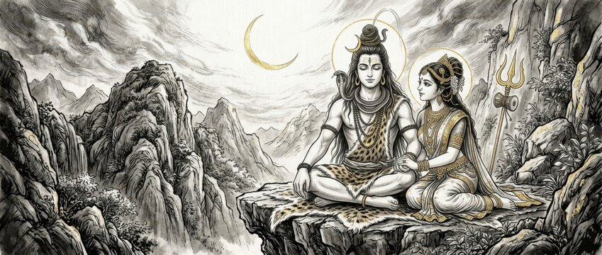 Shiva and Parvati meditating together on mountain cliff in black and white ink drawing