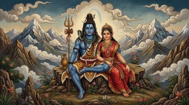 Shiva and Parvati sitting together on a mountain peak with a trident and snowy landscape