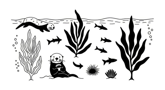 Underwater scene with sea otter and fish.