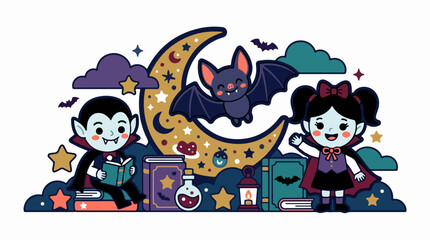 Fototapeta premium Halloween scene with vampire kids and bat under moon