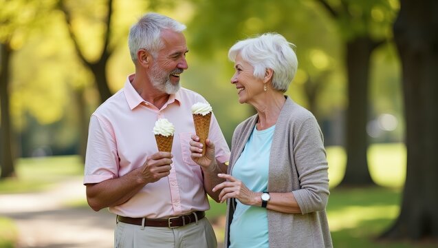 Happy senior couple enjoying ice cream together during warm summer day in green park. Smiling elderly man and woman spending quality time outdoors, celebrating active retirement, healthy aging concept