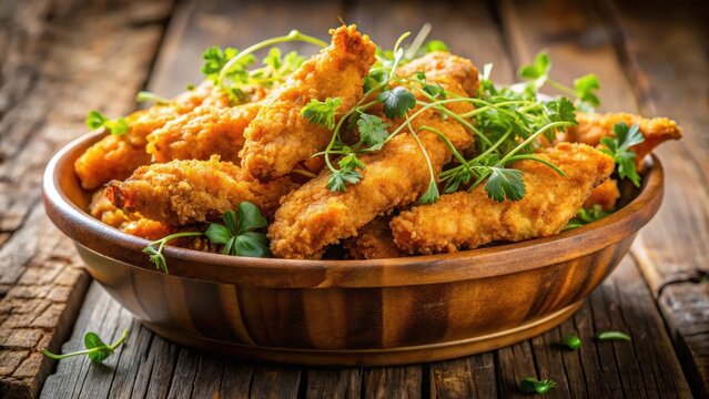 Crispy Fried Chicken Strips in a Wooden Bowl with Fresh Herbs