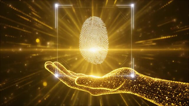 Futuristic digital hand made of golden sparks holding a glowing square frame with radiant light beams and motion graphics.