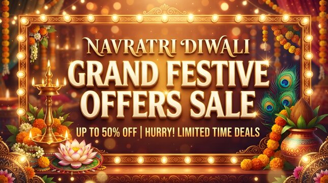 Navratri and diwali grand festive sale banner with golden text, traditional diya lamp, lotus flower, and decorative lights