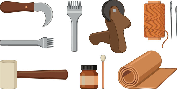 Professional Leathercraft Working Tools Set with Leather Roll Mallet Skiving Knife Pricking Irons Stitching Thread and Needles Vector Illustration