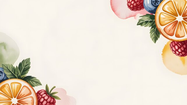 Watercolor border frame featuring vibrant citrus slices berries and fresh green leaves on light background