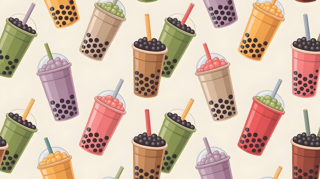 Colorful bubble tea cups featuring delicious tapioca pearls arranged in a seamless repeating digital background pattern