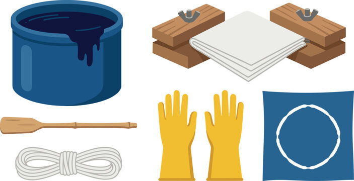 Traditional Indigo Dyeing and Japanese Shibori Craft Icon Set Featuring Blue Dye Vat Pot Wooden Stirring Paddle Flower Press Clamps Rubber Gloves Cotton Rope Bundle and Tie Dye Pattern Fabric