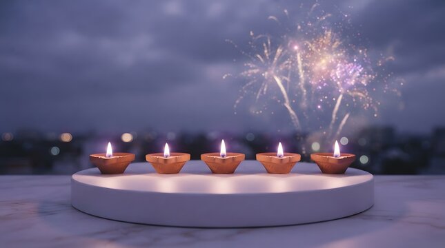 Five glowing clay oil lamps arranged on a circular platform with fireworks in the night sky, celebrating the festival of diwali