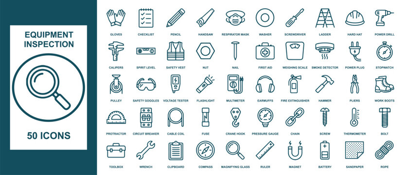 Professional equipment inspection icon set featuring fifty industrial tools and safety gear symbols for construction projects