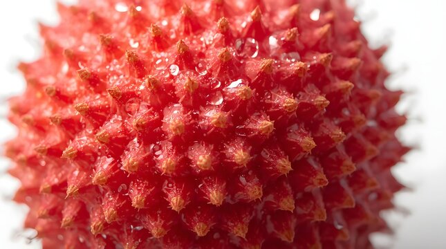 Macro photo of a fresh lychee fruit with vivid pink red bumpy skin and water drops