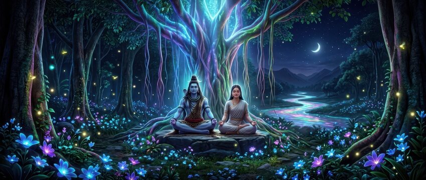 Hindu deities Shiva and Parvati meditating under a glowing celestial tree at night