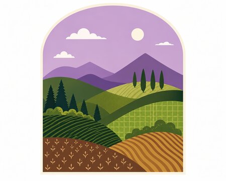 Pixel art landscape with rolling hills and mountains in arched frame
