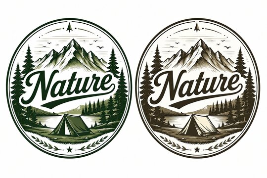 Vintage nature mountain and camping logo badge in green and brown color
