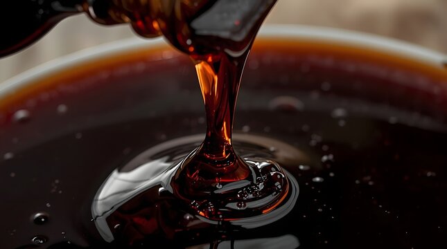 Cinematic close-up of thick dark amber syrup pouring into a bowl with glossy liquid ripples and golden highlights