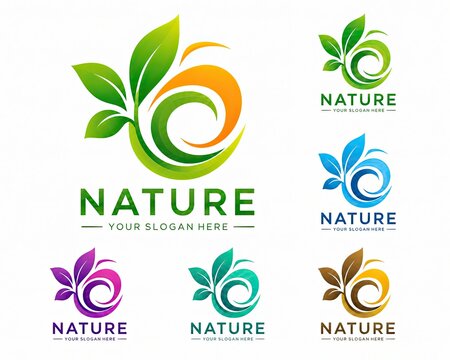 Set of colorful abstract nature leaf logos isolated on white background