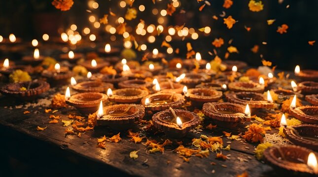 Traditional clay oil lamps lit for diwali festival celebration with marigold flower petals scattered on a dark wooden surface with warm bokeh background