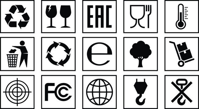 Set of various industrial shipping and packaging symbols for product labeling and logistics management