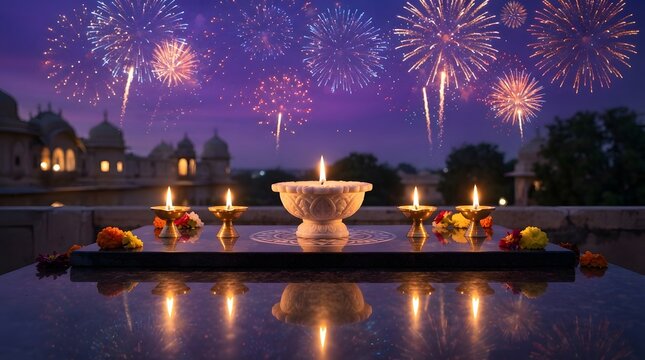 Beautiful marble diya lamps lit on a reflective surface with fireworks exploding in the night sky over a traditional indian palace