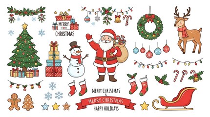Fototapeta premium Festive collection of Christmas sweets featuring a gingerbread man cookie, hot chocolate mug, chocolate yule log, and a candy cane with red bow