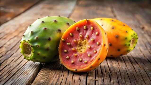Colorful Prickly Pear Cactus Fruits on Rustic Wooden Surface
