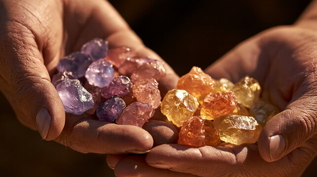 Hands holding a collection of raw, colorful uncut gemstones in warm sunlight. Perfect for mineralogy and geology concepts.