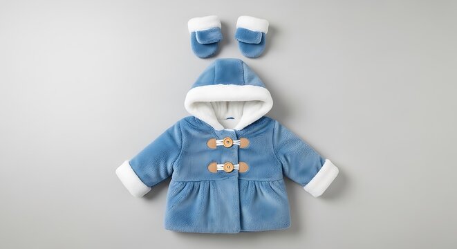 Light blue baby hooded coat with white trim and buttons