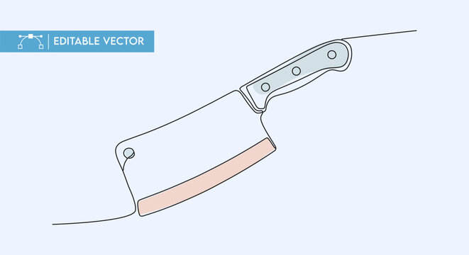 Kitchen meat cleaver illustrated in minimalist single continuous line drawing style for professional culinary graphic design.