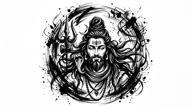 Lord Shiva black and white ink sketch illustration with trishula and snake