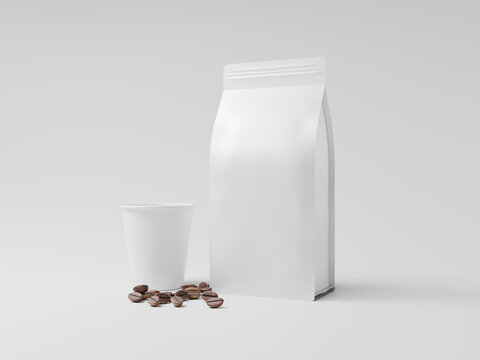Realistic 3D Render Coffee Bean Packaging Bag Mockup with Paper Cup. Coffee Bag and Cup Packaging Mockup on Studio Background